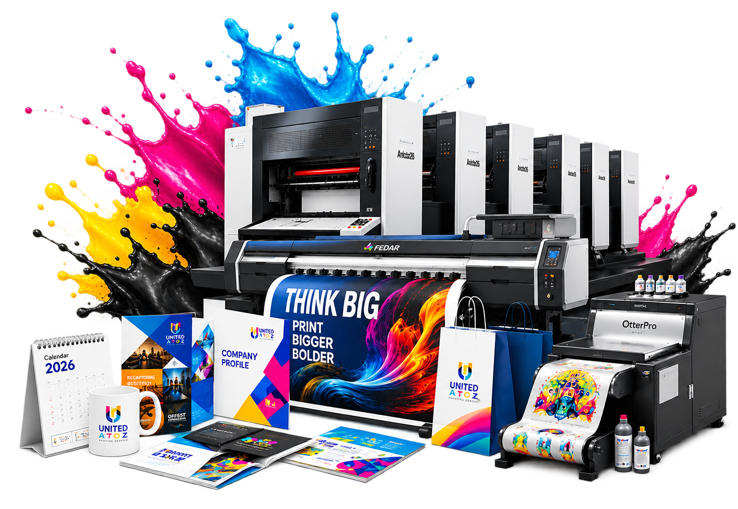 United AtoZ offset, flex and DTF printing machines with sample print products including calendars, business cards, banners and mugs